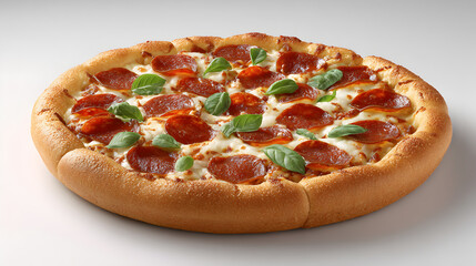 a delicious and appetizing pizza with pepperoni and basil leaves 