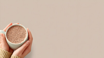 Warm hands holding a steaming cup of hot chocolate, perfect for a cozy day, embodying comfort and delight.