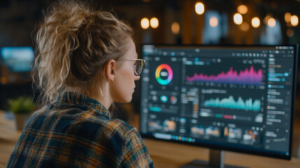 Young Woman Reviewing Social Media Analytics, graphs,  financial reports on Desktop