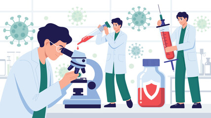scientists conducting medical research in lab with microscope, syringe, and vial, surrounded by virus particles and shield symbol: laboratory, research, scientists, microscope, syringe, vial, virus, m