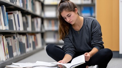 Young woman reading on library floor in quiet study moment