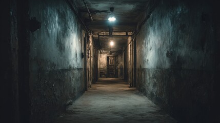 Fototapeta premium Stunning photo of creepy dark corridor in abandoned hospital, scary underground passage in old building, concept of horror, hallway.