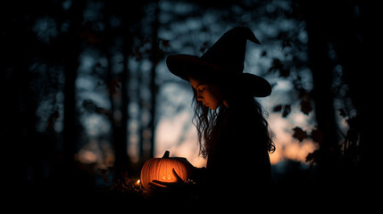halloween walpaper, Teen Girl in Witch Hat Lighting Pumpkin with Candle at night in woods