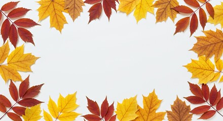 Autumnal Frame: Vibrant Yellow and Red Leaves on White Background