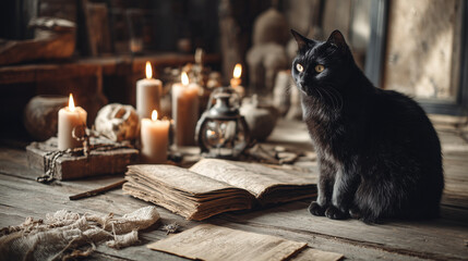 Halloween wallpaper: Witch’s Cat Sitting Beside Open Spellbook