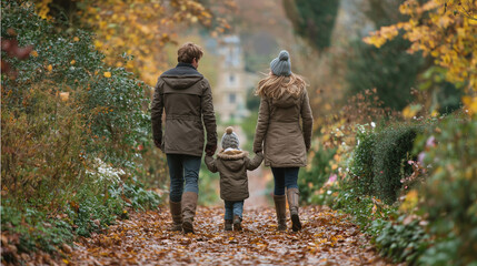 Parents Walking with Toddler Through Autumn Park