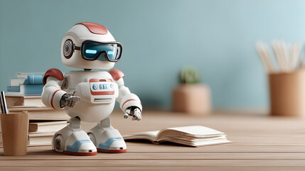 a cute robot on the desk, with stack of books, pens, and pencils