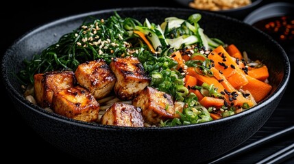 Fototapeta premium A beautifully arranged bowl features vibrant vegetables and grilled tofu, promoting healthy eating and culinary creativity in a visually appealing vegetarian dish.