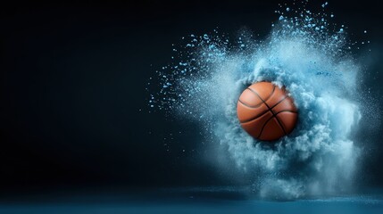 Obraz premium A basketball bursts through a cloud of colorful smoke, symbolizing motion and energy in sports, capturing the dynamic excitement of the game in an artistic way.