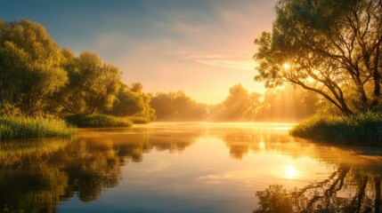 Obraz premium Morning light casts a golden hue on the calm river as fog rises from the water. Lush trees line the banks, creating a serene and peaceful atmosphere in nature