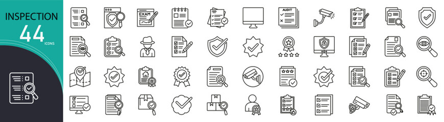 Inspection related icon collections. Containing checklist, magnifying glass, report, audit, safety, quality, review, compliance, document, and search icons. Outline icons.
