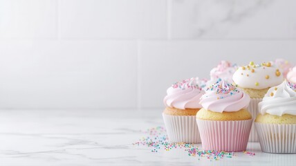 Colorful Pastel Cupcakes with Sprinkles on Marble Background cupcakes sprinkles pastel colorful pink