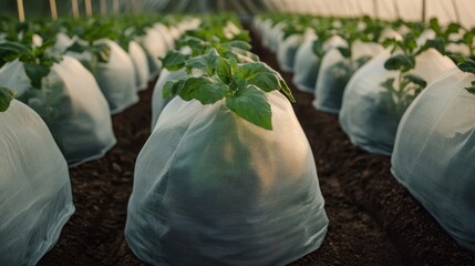 This image captures rows of lush green plants covered with protective mesh in a greenhouse, showcasing a modern approach to sustainable farming and organic growth.