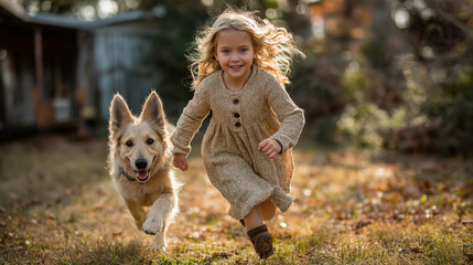 Young Girl Playing with Dog in Backyard