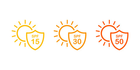SPF Protection Icons SPF 15, 30, and 50 | Sun Protection Factor Levels in Icon Set | Sunscreen Label Icons for Skincare Packaging.