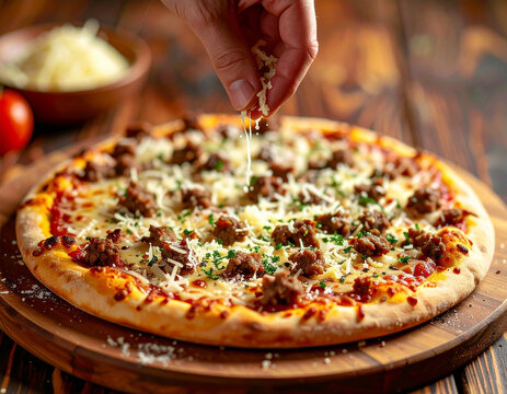 Hand sprinkling grated cheese onto a delicious meat pizza, freshly baked and ready to serve.