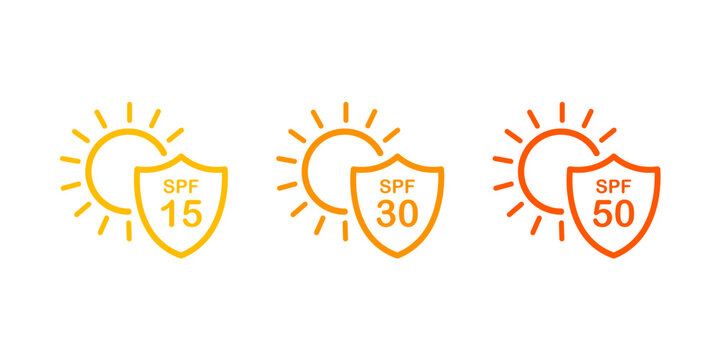 SPF Protection Icons SPF 15, 30, and 50 | Sun Protection Factor Levels in Icon Set | Sunscreen Label Icons for Skincare Packaging.