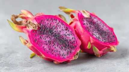 Two halves of a dragon fruit are displayed, showcasing the bright pink flesh and black seeds. The textured skin and unique colors highlight the fruit's exotic appearance