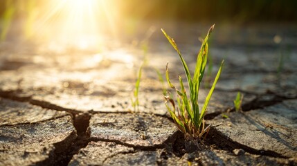 grass sprout emerging from cracked dry earth under harsh sunlight symbolizing resilience and nature's adaptability in arid environments, growth amidst adversity, plant tenacity in extreme conditions