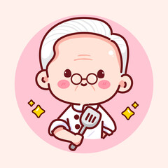 Cartoon Chef Grandpa Holding Spatula Hand drawn vector illustration