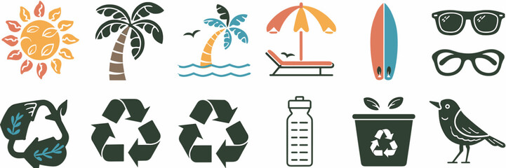 Eco-friendly summer app icons with sun, surfboard, sunglasses, and recycling symbol
