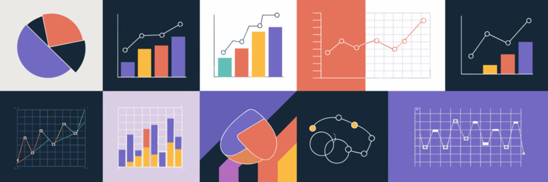 Grid of gradient-filled app icons for business data visualizations