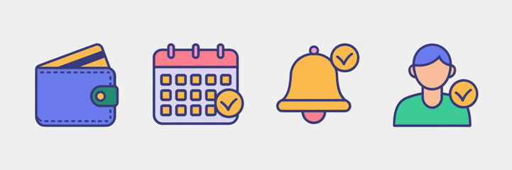Subscription app icons with wallet, bell, list, calendar, and user – Ideal for mobile payment systems, reminder apps, or account management interfaces.