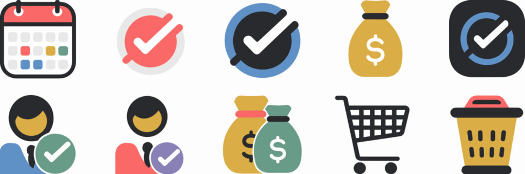 Colorful subscription management app icons with money bag, cart, trash can, and calendar – Great for digital finance tools, productivity interfaces, or personal budgeting software.