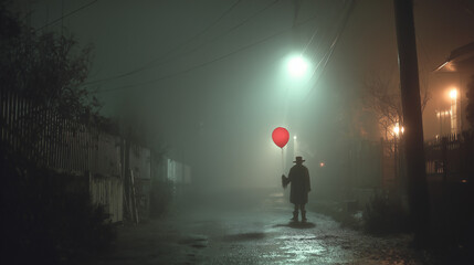 Creepy Clown in Foggy Alley Holding Balloon
