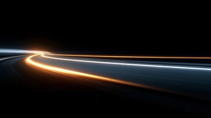 curved motion streak with blue trail and glowing line across the dark road, as the laser beam breaks into light and a bright tail forms the main moving line
