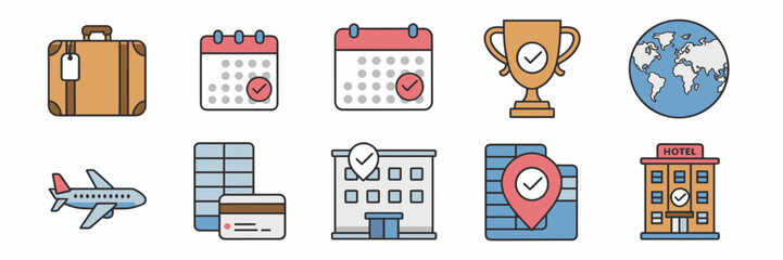 Travel planning icons with suitcase, plane, hotel, calendar, and credit card