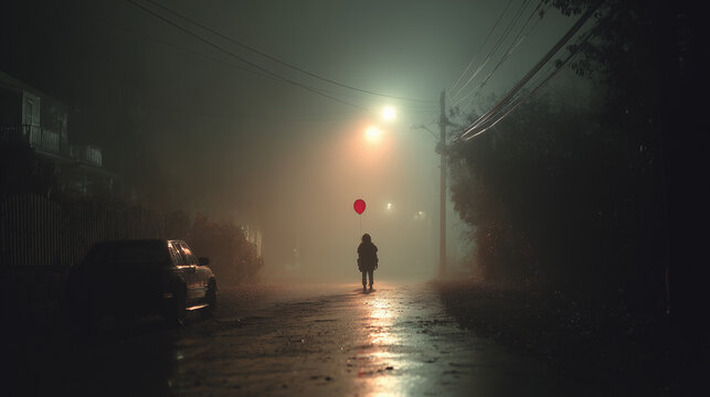 Creepy Clown in Foggy Alley Holding Balloon - Powered by Adobe