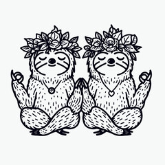 Obraz premium sloth couple wear flower crown meditation. Valentine Love Romance Cupid February Clipart Line Art Vector Illustration. Slow pair adorn blossom garland peaceful focus exercise.