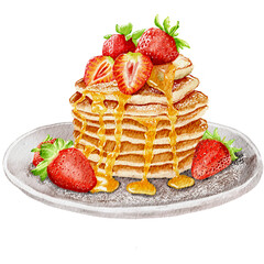 Watercolor Pancakes with Strawberries and Syrup