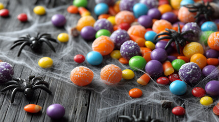 Halloween background: colorful candies scattered across a rustic wooden table with plastic spiders and fake webs 