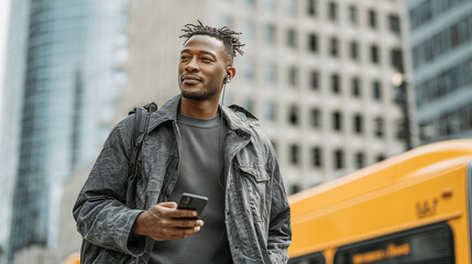 handsome businessman holding smartphone walking on street