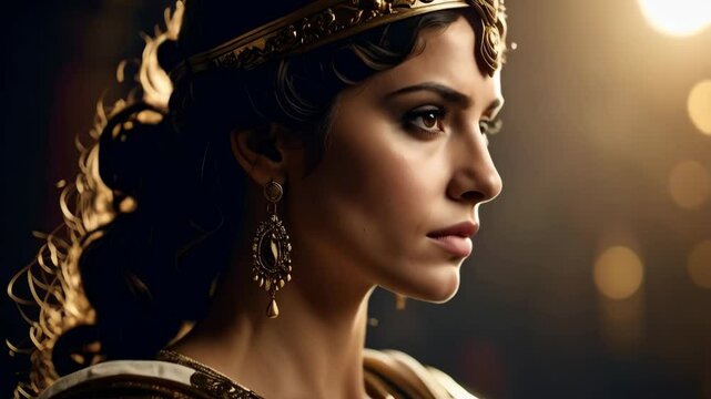 Elegant woman with golden crown and ornate jewelry, historical profile portrait with dramatic lighting and regal attire, noble and beautiful