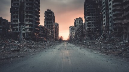 Stunning photo of empty street of burnt up city. Apocalyptic view of city downtown as disaster film poster concept. City destroyed by war.