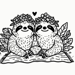 Fototapeta premium sloth couple wear flower crown Laying on a Blanket. Valentine Love Romance Cupid February Clipart Line Art Vector Illustration. Two slow creature adorn bloom wreath resting atop textile.