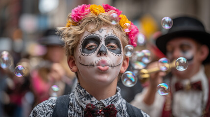 Boy with Painted Skull Face Blowing Bubbles During Festival. the day of the dead, dia de los muertos