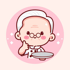 Cute Grandpa Chef Presenting Plate with Pink Background