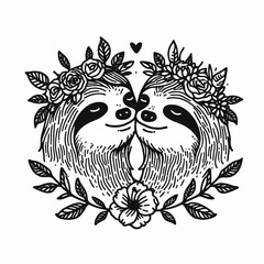Obraz premium sloth couple wear flower crown Intimate Forehead Kiss. Valentine Love Romance Cupid February Clipart Line Art Vector Illustration. Slow animal pair adorn floral headpiece loving brow peck.