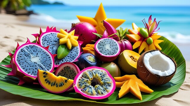 Tropical Fruits Beach Display Colorful Dragon Fruit Mango Starfruit Coconut