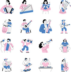 Fototapeta premium Set of Musician Characters Hand Drawn Illustrations 