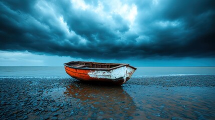 An abandoned boat rests on a rocky shore under ominous storm clouds, capturing a moment of solitude and nature's raw power in an evocative landscape.