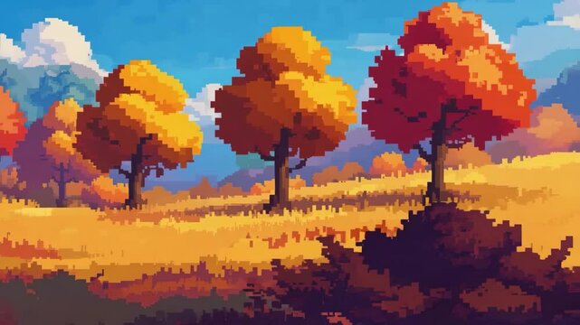 A pixel art landscape shows a bright autumn scene with orange trees, falling leaves, and a clear blue sky.