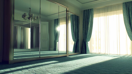 Sunlit, spacious room with mirrored wardrobe and teal accents.  Large windows,  elegant furnishings, and warm sunlight fill the room