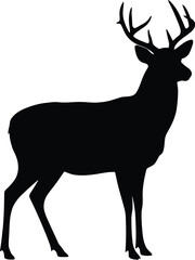 A versatile vector silhouette features a majestic deer, capturing its wild nature and distinctive antlers, perfect for diverse illustrations
