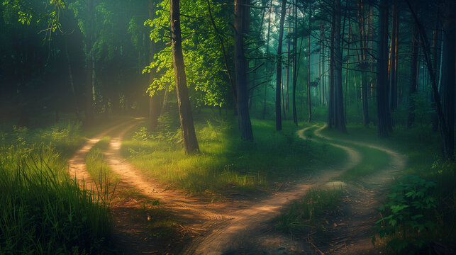 A mystical crossroads splitting into two paths in an enchanted forest, golden light through ancient trees. Choices and mystery in a magical woodland.
