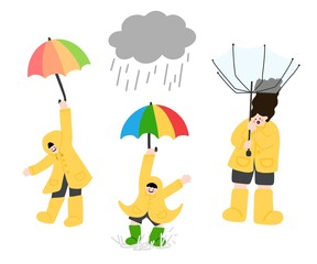 장마 태풍 날씨 우산 우비 쓰고 있는 사람 캐릭터(storm rainy day weather umbrella human chracter set)
